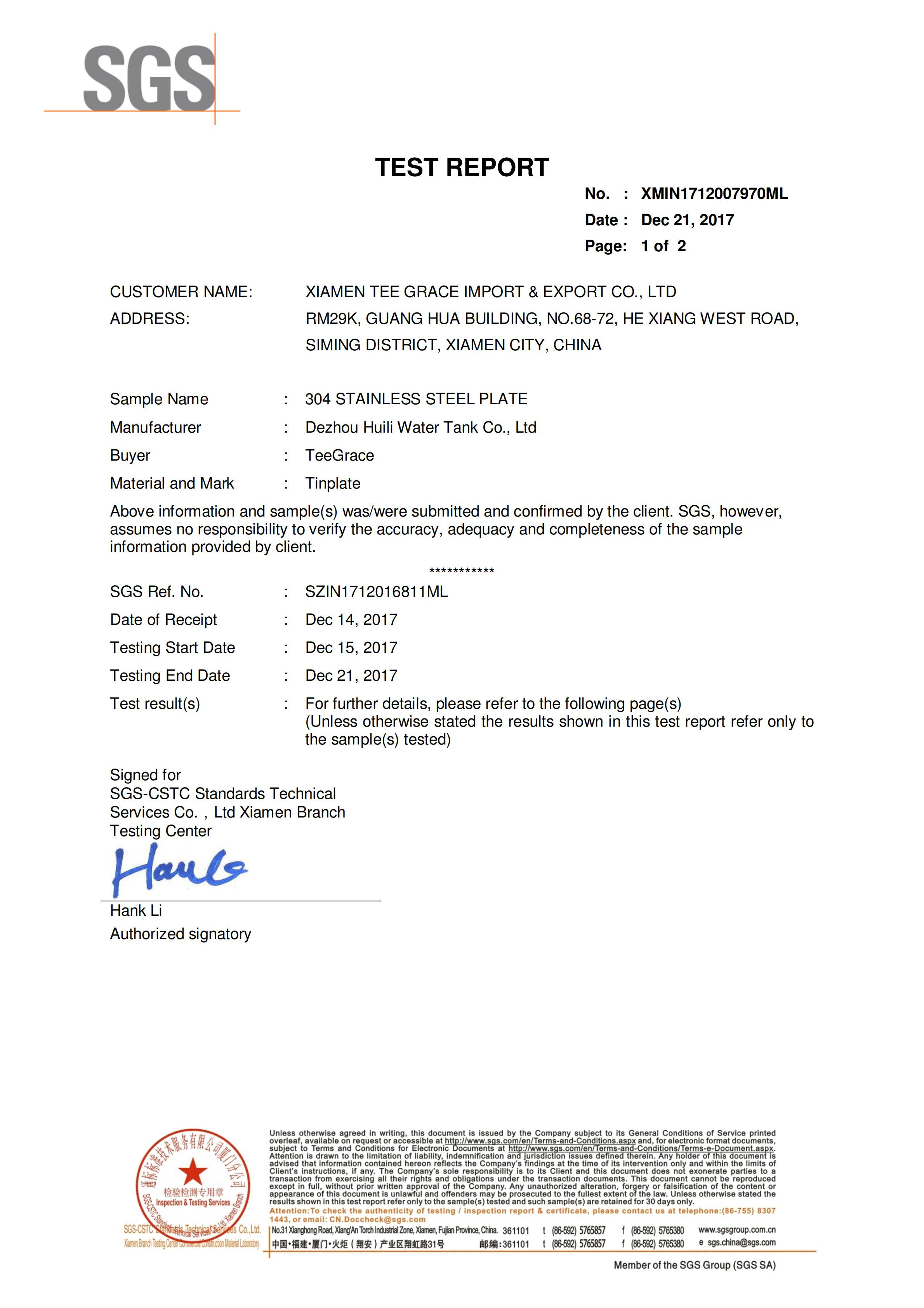 SGS Material Content testing report 